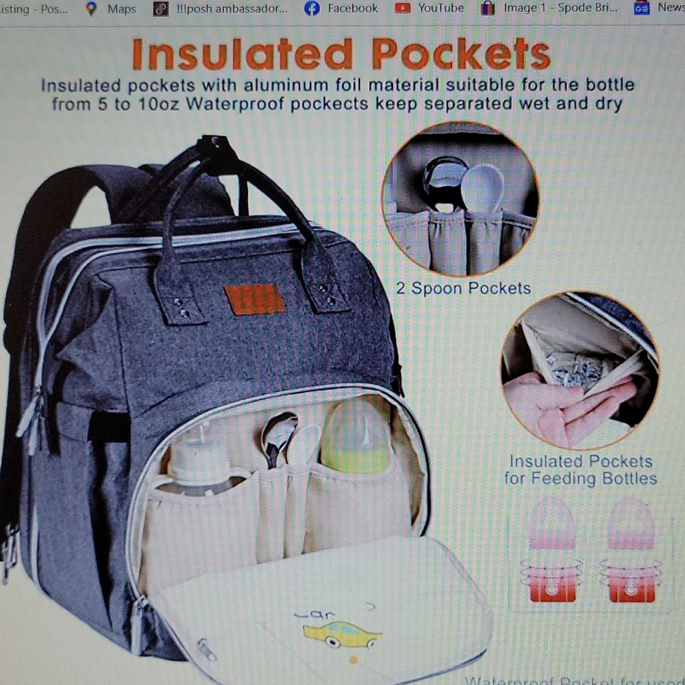 EIH diaper bag backpack changing station foldable crib USB charge port New…